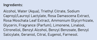 Supplement facts for Wild Rose 24h Deodorant Spray listing ingredients including Cetyl Alcohol, Eugenol, Glycine, Helichrysum Hydrosol, Indian Frankincense Extract