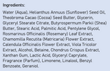 Supplement facts for Skin Food Body Butter listing ingredients including Althaea officinalis, Betaine HCI, Cacao, Calendula Extract, Caprylic acid