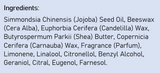 Supplement facts for Everon Lip Balm listing ingredients including Beeswax, Eugenol, Jojoba Oil, Limonene, Linalool