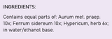 Supplement facts for Hypericum / Aurum Comp. - 100ml listing ingredients including Aurum Metallicum, Hypericum, St. John's wort