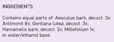 Supplement facts for Achillea Comp. listing ingredients including Gentian Lutea, Yarrow