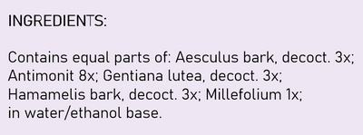 Supplement facts for Achillea Comp. listing ingredients including Gentian Lutea, Yarrow