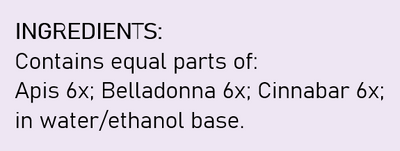 Supplement facts for Throat Relief Oral Spray listing ingredients including Apis Mellifera, Belladonna