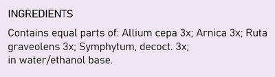 Supplement facts for Arnica/Symphytum Comp listing ingredients including Arnica montana, Comfrey (Symphytum Officinale), Onion (Allium Cepa), Ruta Graveolens