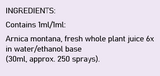 Supplement facts for Arnica 6x Oral Spray listing ingredients including Arnica montana