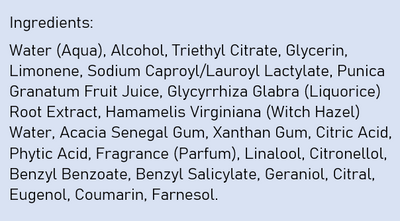 Supplement facts for Pomegranate 24h Roll-On Deodorant listing ingredients including Acacia, Cetyl Alcohol, Citric Acid, Coumarin, Eugenol