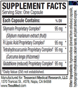 Supplement facts for HepatiSafe® listing ingredients including Alpha Lipoic Acid R Form, Curcuma Longa, Glutathione, Glutathione, Lipoic acid