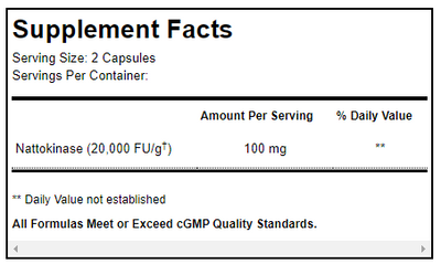 Supplement facts for Nattokinase listing ingredients including Nattokinase