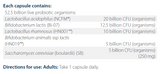 Text listing the ingredients including Lactobacillus acidophilus, NCFM, Bifidobacterium lactis, Bi-07, Lactobacillus rhamnosus, HN001, Bifidobacterium animalis ssp lactis, HN019, Saccharomyces cerevisiae , Boulardii, sb.