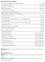 Text listing the ingredients including Calcium hydrogen phosphate dihydrate, Potassium citrate, Magnesium bisglycinate, Iron bisglycinate, Zinc bisglycinate, Maganese, Sodium borate, boron, Potassium Iodide, Molybdenum trioxide, Selenomethionine, Chromium nicotinate 