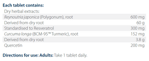 Text listing the ingredients including Reynoutria japonica, Polygonum, Resveratrol, Curcuma longa, BCM-95,  Turmeric, Quercetin