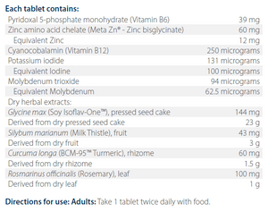Text listing the ingredients including Pyridoxal 5-phosphate monohydrate, vitamin b6, Zinc bisglycinate, Meta zn, Cyanocobalamin, vitamin b12, Potassium iodide, Iodine, Molybdenum trioxide, Glycine max, Silybum marianum, milk thistle, Curcuma longa, bcm-95, tumeric, Rosmarinus officinalis, Rosemary
