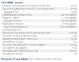 Text listing the ingredients including Pyridoxal 5-phosphate monohydrate, vitamin b6, Zinc bisglycinate, Meta zn, Cyanocobalamin, vitamin b12, Potassium iodide, Iodine, Molybdenum trioxide, Glycine max, Silybum marianum, milk thistle, Curcuma longa, bcm-95, tumeric, Rosmarinus officinalis, Rosemary