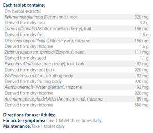 Text listing the ingredients including, Rehmannia glutinosa, Cornus officinalis, Asiatic cornelian cherry, Dioscorea oppositifolia, Chinese yam, Ziziphus jujuba var. spinosa, Paeonia suffruticosa, Tree peony, Wolfiporia cocos, Poria,Alisma orientale, Water plantain, Anemarrhena asphodeloides