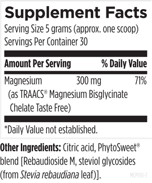 Supplement facts for Magnesium Glycinate Powder, 150g listing ingredients including Chromium Nicotinate Glycinate, Citric Acid, Copper bisglycinate (TRAACS), Magnesium, Magnesium bisglycinate