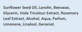 Supplement facts for Skin Food Lip Balm listing ingredients including Beeswax, Cetyl Alcohol, Glycine, Limonene, Linalool