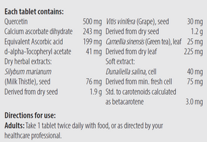 Text listing the ingredients including Quercetin, Calcium ascorbic acid, Ascorbic acid, d-alpha,tocopheryl acetate, Silybum marianum, Milk Thistle, Vitis vinifera, Grape seed, Camellia sinensis, green tea, Dunaliella salina, Carotenoids, Betacarotene