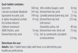 Text listing the ingredients including Quercetin, Calcium ascorbic acid, Ascorbic acid, d-alpha,tocopheryl acetate, Silybum marianum, Milk Thistle, Vitis vinifera, Grape seed, Camellia sinensis, green tea, Dunaliella salina, Carotenoids, Betacarotene
