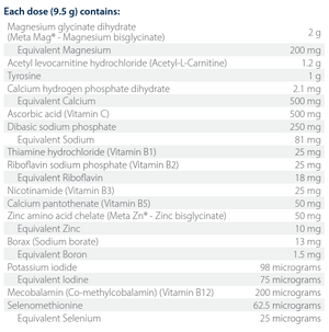 Text listing the ingredients including Mangesium glycinate dihydrate, Acetyl Levocarnitine hydrochloride. Acetyl-L-Carnitine, Tyrosine, Calcium hydrogen phosphate dihydrate, Ascorbic acid, Vitamin C, Dibasic sodium phosphate, Thiamine hydrochloride, vitamin b1. Riboflavin sodium phosphate, vitamin b2, Nicotinamide, Vitamin b3, Calcium pantothenate, vitamin b5,  Zinc amino acid chelate. Zinc bisglycinate, Borax, Sodium borate, Potassium iodide, Mecobalamin, Vitamin b12, Selenomethionine, selenium