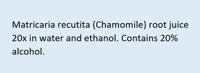 Supplement facts for Baby Teething Drops listing ingredients including Chamomile, Matricaria Recutita, Matricaria chamomilla