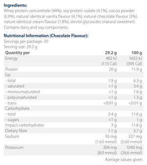 Ingredients including Whey protein concentrate, Soy protein isolate, Cocoa powder, natural identical vanilla flavour, natural chocolate flavour, nature identical cream flavour, steviol glycosides.