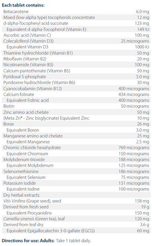Text listing the ingredients including, Betacarotene, Mixed tocopherols, d-alpha-tocopheryl acid succinate, vitamin e, ascorbic acid, vitamin c, Colecalciferol, vitamin d3,  Thiamine, hydrochloride, vitamin b1, riboflavin, vitamin b2, Nicotinamide, vitamin b3, Calcium pantothenate, vitamin b5, p5p, Pyridoxal 5-phosphate, zinc, boron, molybdenum, grape seed, vitis vinifera, green tea,egcg, green tea
