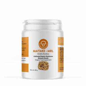 A supplement container of Maitake-MRL ™ 100g by Mycology Research Laboratories
