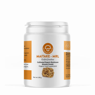 A supplement container of Maitake-MRL ™ 100g by Mycology Research Laboratories