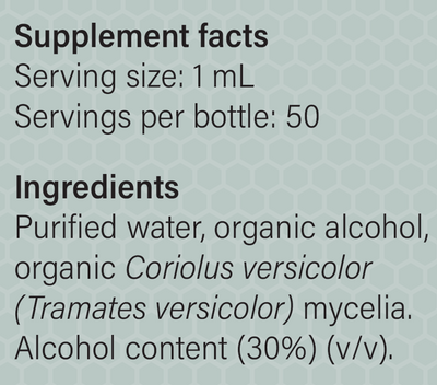 Supplement facts for Coriolus-MRL-X listing ingredients including Turkey tail mushroom (Trametes versicolor)
