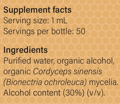 Supplement facts for Cordyceps-MRL-X listing ingredients including Cordyceps sinensis