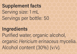 Supplement facts for Hericium-MRL-X listing ingredients including Hericium, Lion's Mane