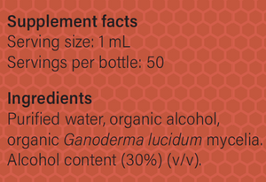 Supplement facts for Reishi-MRL-X listing ingredients including Ganoderma Lucidum, Reishi, Reishi (Ganoderma lucidum)