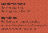 Supplement facts for Reishi-MRL-X listing ingredients including Ganoderma Lucidum, Reishi, Reishi (Ganoderma lucidum)