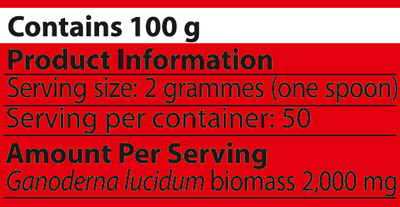 Supplement facts for Reishi-MRL ™ 100g listing ingredients including Ganoderma Lucidum, Reishi
