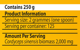 Supplement facts for Cordyceps-MRL ™ 250g listing ingredients including Cordyceps, Cordyceps sinensis