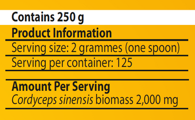 Supplement facts for Cordyceps-MRL ™ 250g