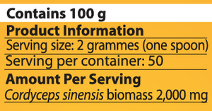 Supplement facts for Cordyceps-MRL 100g listing ingredients including Cordyceps, Cordyceps sinensis