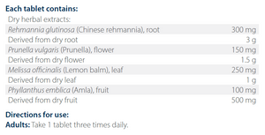 Ingredients including Rehmannia glutinosa, Chinese rehmannia, Prumella vulgaris, Prunella, Melissa officinalis, Lemon Balm, Phyllanthus embilca, Amla.