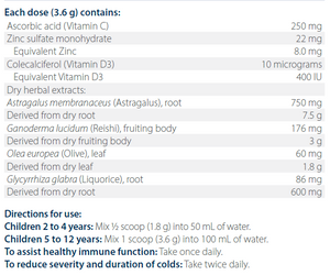 A list of ingredients including Ascorbic acid, Vitamin C, Zinc sulfate monohydrate, Colecalciferol, Vitamin D, D3, Astragalus membranaceus root, Ganoderma lucidum, Reishi, Olea europea, Olive, Glycyrrhiza, Liquorice root.