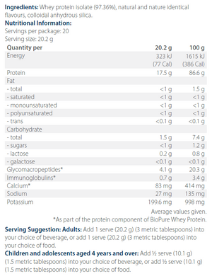 Ingredients including Whey protein isolate.