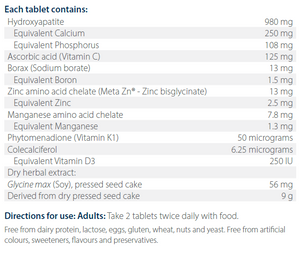 Ingredients including Hydroxyapatite, Caclium, Phosphorus, Ascorbic acid, vitamin C, Borax, sodium borate, Boron, Zinc, Zinc bisglycinate, Manganese amino acid chelate, Phytomenadione, Vitamin k1, Colecalciferol, Vitamin d3, Glycine max, Soy, Pressed seed cake.