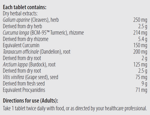 ingredients including, Galium aparine, Cleavers, Curcuma longa, BCM-95, Turmeric, Curcumin, Taraxcum officinale, Dandelion, Arctium lappa, Burdock root, Vitis vinifera, Grape seed, Procyanidins.