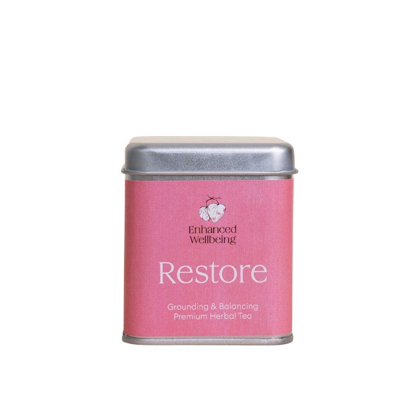 A supplement container of Restore Premium Herbal Tea by Enhanced Wellbeing