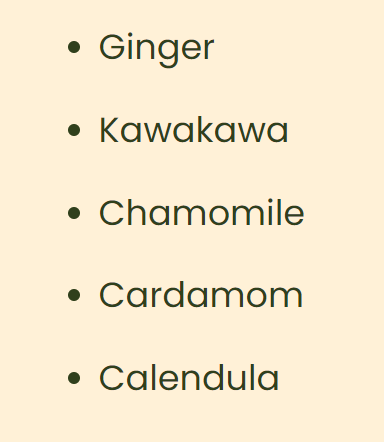 Supplement facts for Relief Premium Herbal Tea listing ingredients including Black Cardamom, Calendula Extract, Chamomile, Ginger, Kawakawa Leaf Powder