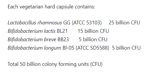 Supplement facts for Pro4-50™  30 Caps listing ingredients including Bifidobacterium, Bifidobacterium breve BB23, Bifidobacterium lactis, Bifidobacterium longum Bl-05, Lactobacillus rhamnosus