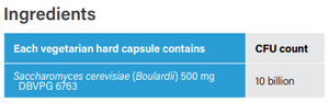 Supplement facts for SB 500™ - 30s listing ingredients including Saccharomyces boulardii, Saccharomyces cerevisiae