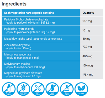 Supplement facts for PrimerPlus™ listing ingredients including D-alpha tocopherol succinate, Magnesium, Magnesium glycinate, Manganese, Manganese gluconate