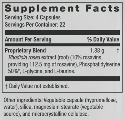 Supplement facts for Calm PRT listing ingredients including Glycine (L-Glycine), Phosphatidylserine, Rhodiola (Rhodiola rosea), Rosavins, Taurine (L-Taurine)