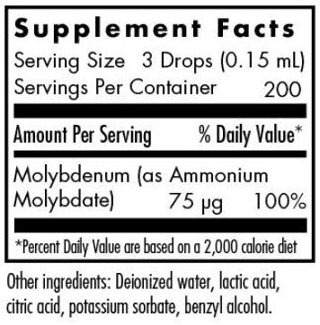 Supplement facts for Liquid Molybdenum listing ingredients including Molybdenum