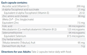 Ingredients including Ascorbic acid, Vitamin C, D-alpha-Tocopheryl acid succinate, Vitamin E, Zinc amino acid chelate, Meta Zn, Zinc Bisglycinate, Folic acid, Mecobalamin, Co-methylcobalamin, Vitamin B12, Selenomethionine, Selenium, Tribulus terrestris.